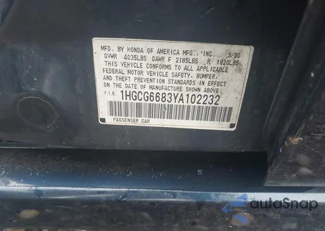 2000 Honda Accord 2.3 Ex from USA, damaged, VIN 1HGCG6683YA102232